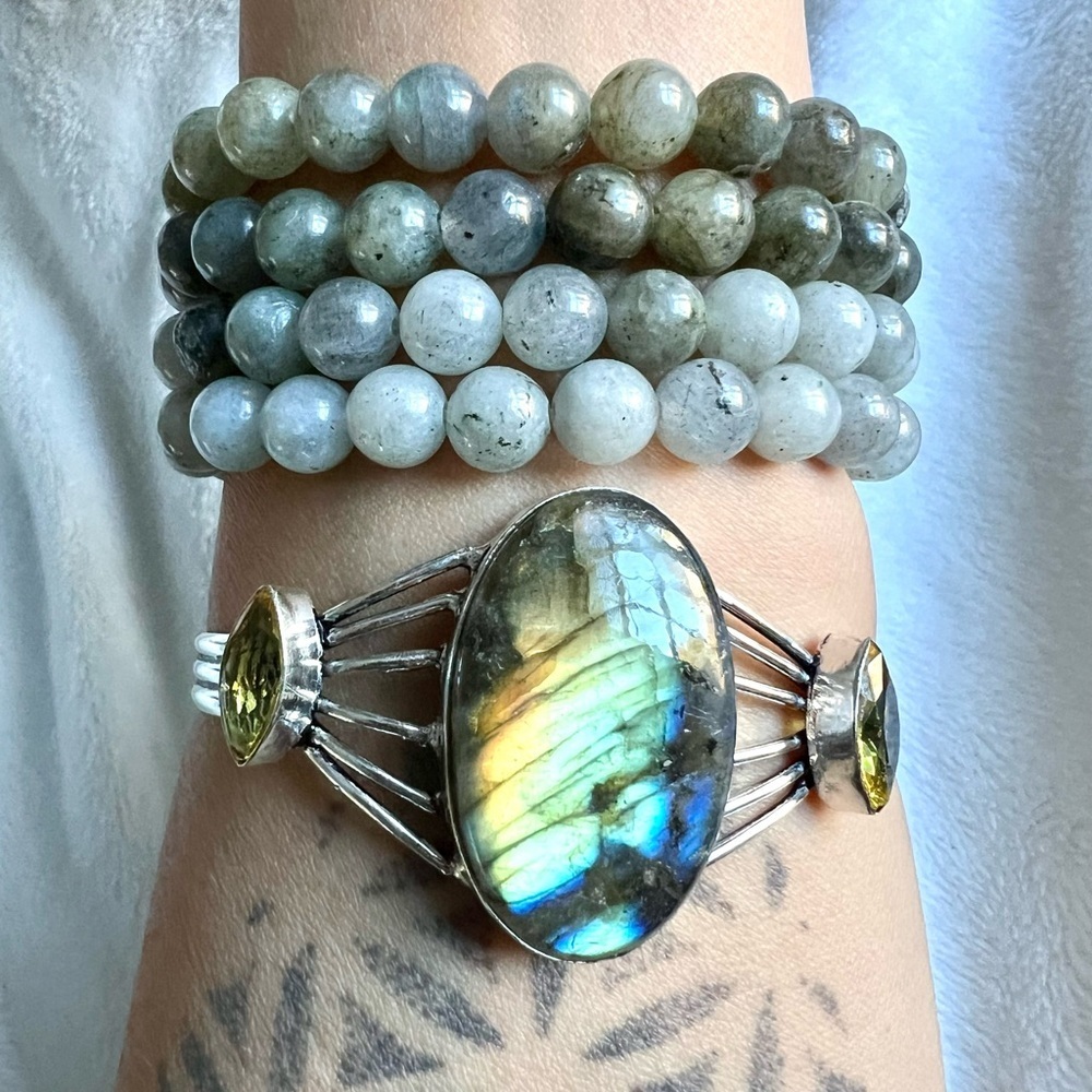 (3) Bracelets! Gray 8mm Labradorite Mala Bead Bracelet 6.5 - 7”